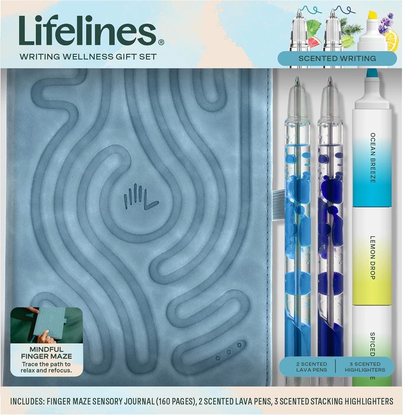 LifeLines Writing Wellness Gift Set - Scented Writing Set Includes Finger Maze Sensory Journal, 3 Scented Stacking Highlighters & 2 Lava Gel Pens - Aromatherapy & Sensory Immersion - Image 1